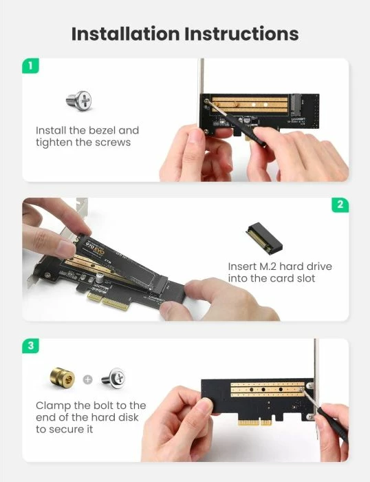 Adapter PCIe në M.2 NVMe UGREEN 70503, PCIe 3.0 x4, për SSD 2230/2242/2260/2280, deri 4TB, 32Gbps, e zezë, set me vida + kaçavidë