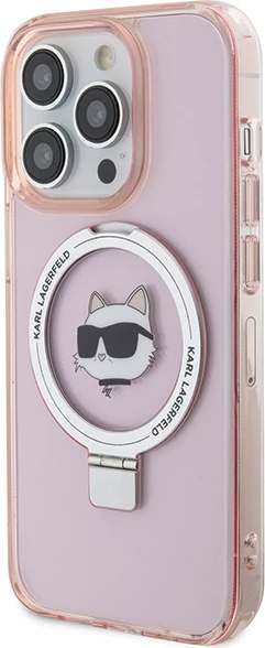 Mbështjellës Karl Lagerfeld KLHMP15XHMRSCHP për iPhone 15 Pro Max 6.7", me unazë Ring Stand Choupette Head, MagSafe, rozë