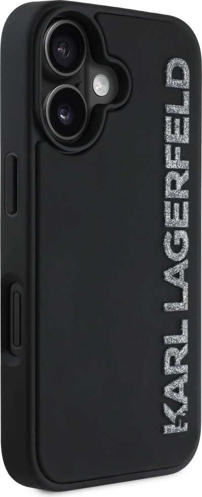 Mbështjellës Karl Lagerfeld HC 3D Rubber Elongated Glitter për iPhone 16, i zi