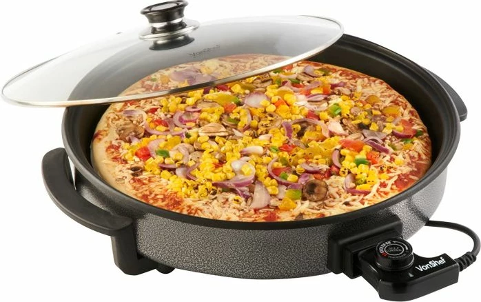 tigan elektrik VONSHEF 2007031, 42cm, 1500W, 5 nivele temperature, kapak qelqi, rrethor, zi/gri (me adapter UK/EU)
