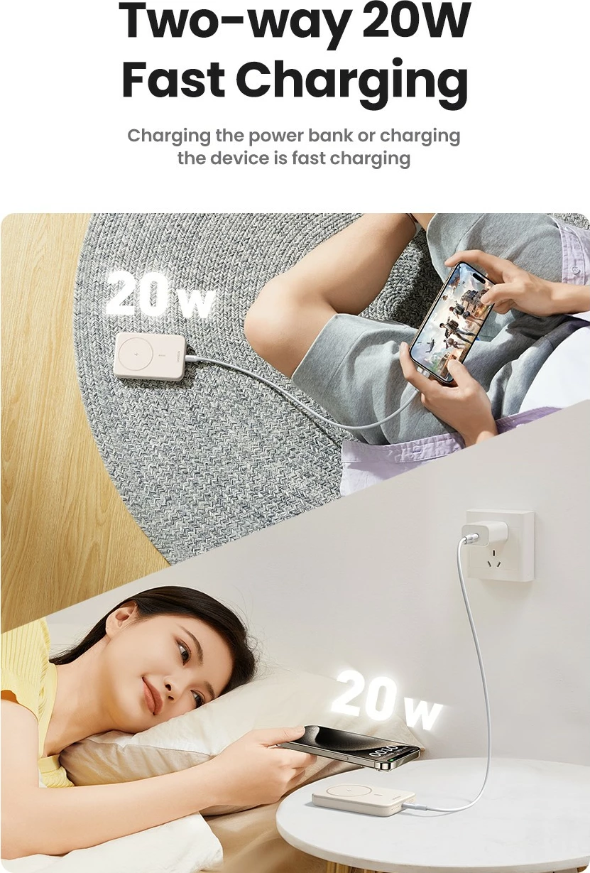 Powerbank Ugreen 25208, 10000 mAh, Power Delivery 3.0, wireless, bezhë