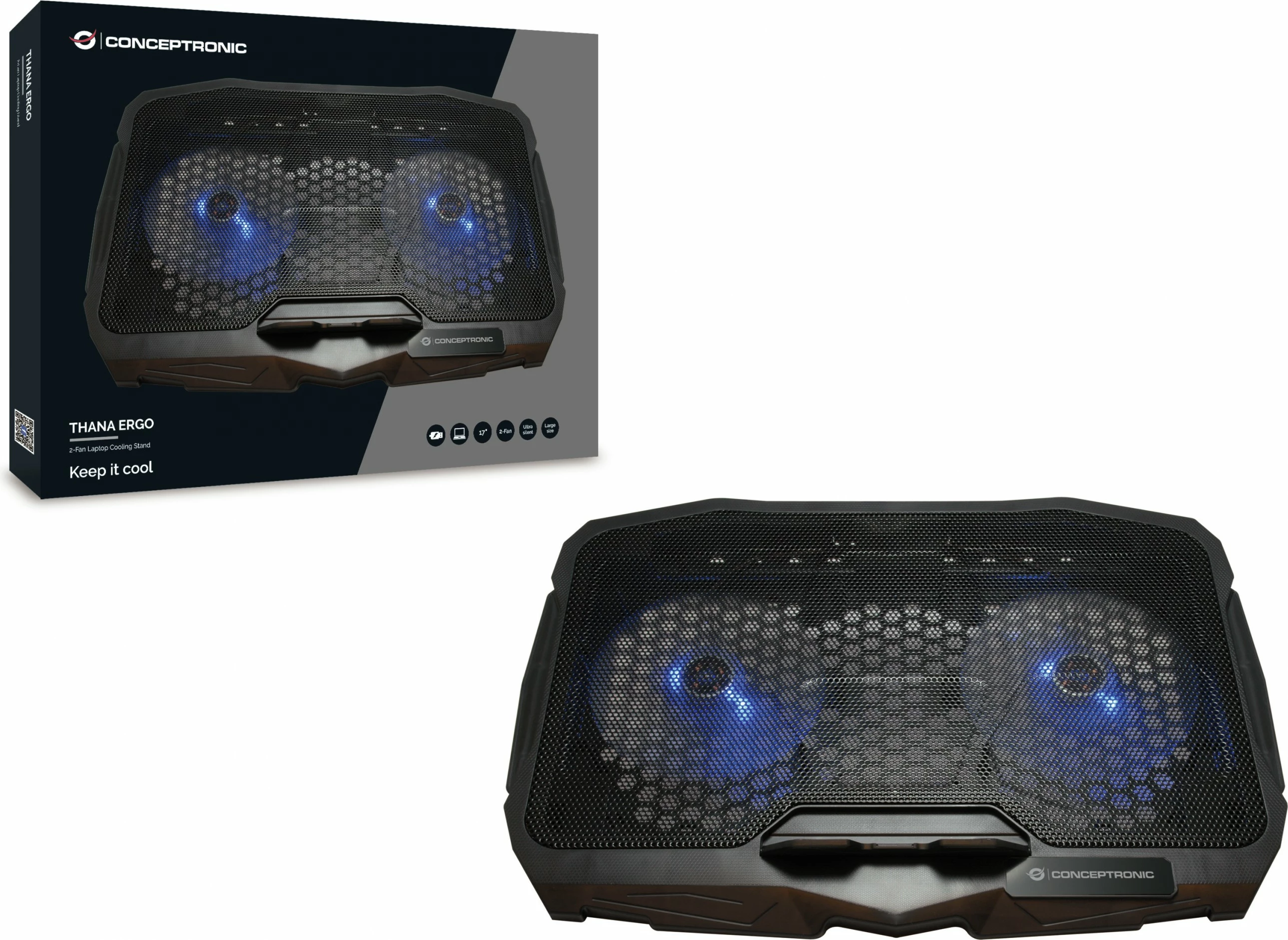 Ftohës laptopi Conceptronic 2-Fan, USB-A 2.0, ERGO, 17 inç, zi