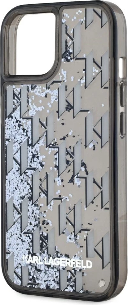 Mbështjellës Karl Lagerfeld Liquide Glitter Monogram Gradient për iPhone 15, i zi