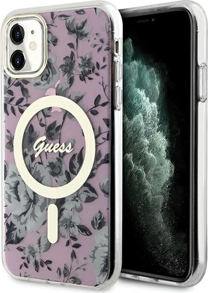Mbështjellës Guess GUHMN61HCFWSP për iPhone 11/XR 6.1", MagSafe, lule, rozë