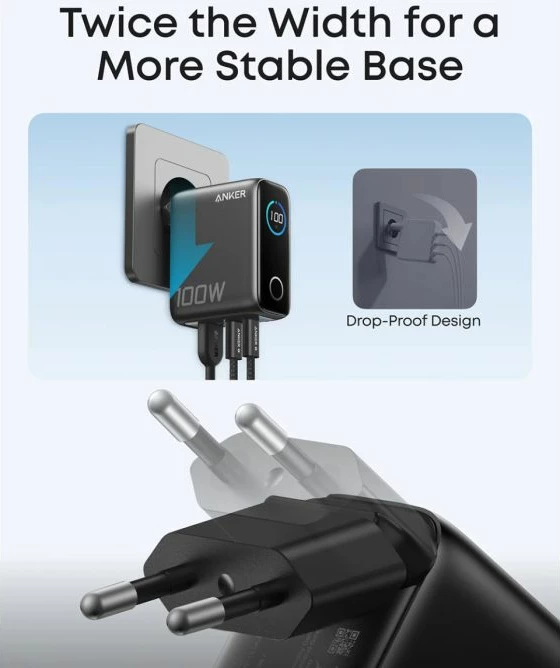 Karikues ANKER B121BGZ1 100W GaN me ekran smart, 3 porta (2x USB-C, 1x USB-A), gri e errët