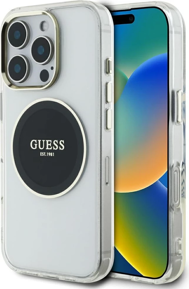 Mbështjellës Guess IML Metal Colored Circle Classic Logo MagSafe për iPhone 16 Pro Max, Zi