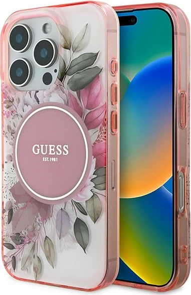 Mbështjellës Guess IML Flower & Tonal Circle MagSafe për iPhone 16 Pro Max, Rozë
