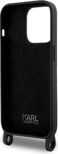 Mbështjellës Karl Lagerfeld KLHCP15XSCBSKNK për iPhone 15 Pro Max 6.7", silikoni, me rrip, zi