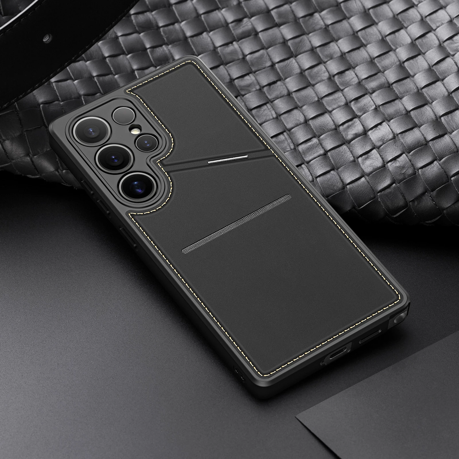 Mbështjellës Dux Ducis Rafi II për Samsung Galaxy S25 Ultra, me stand dhe xhepa për kartela, i zi