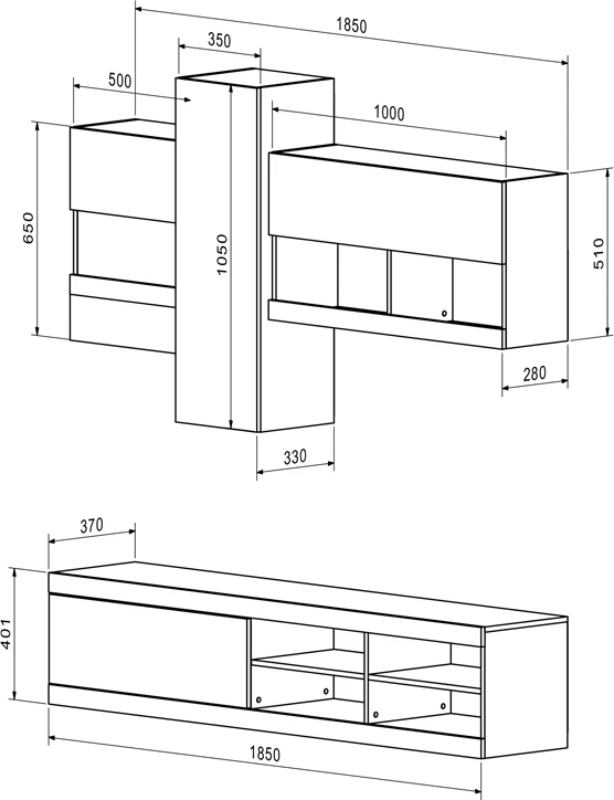 Sistem salloni Torania, sonoma-bardhë, 185x37x145cm