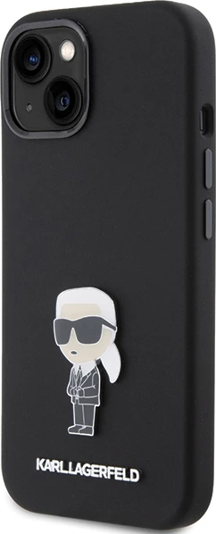 Mbështjellës Karl Lagerfeld Silicone Ikonik Metal Pin për iPhone 15, i zi