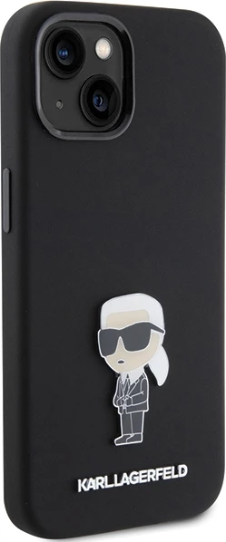 Mbështjellës Karl Lagerfeld Silicone Ikonik Metal Pin për iPhone 15, i zi