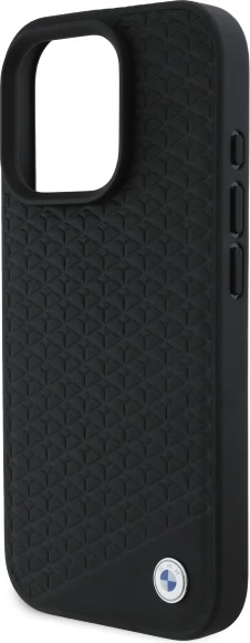 Mbështjellës BMW Sign Leather Diamond Metal Logo MagSafe për iPhone 16 Pro, i zi