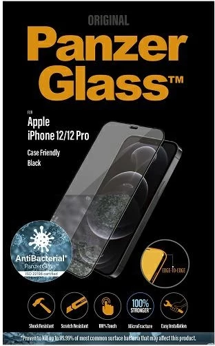 Xham i temperuar PanzerGlass E2E Super+ Microfracture për iPhone 12/12 Pro, me kornizë të zezë