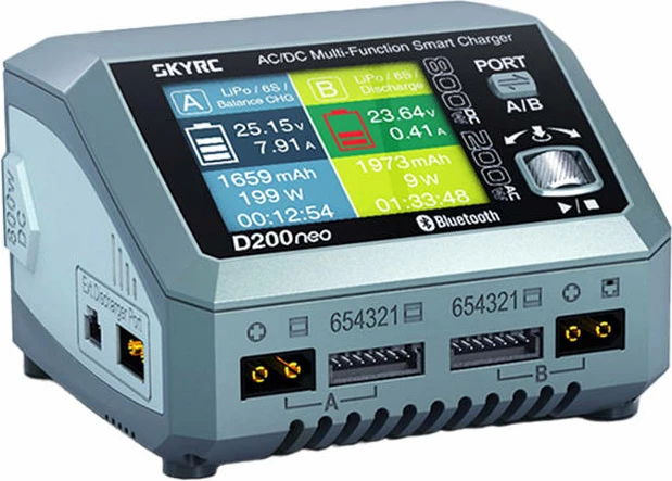 Karikues SkyRC D200neo, 800W, 35A, për bateri LiPo/LiFe/NiMH, Dy porta, Gri