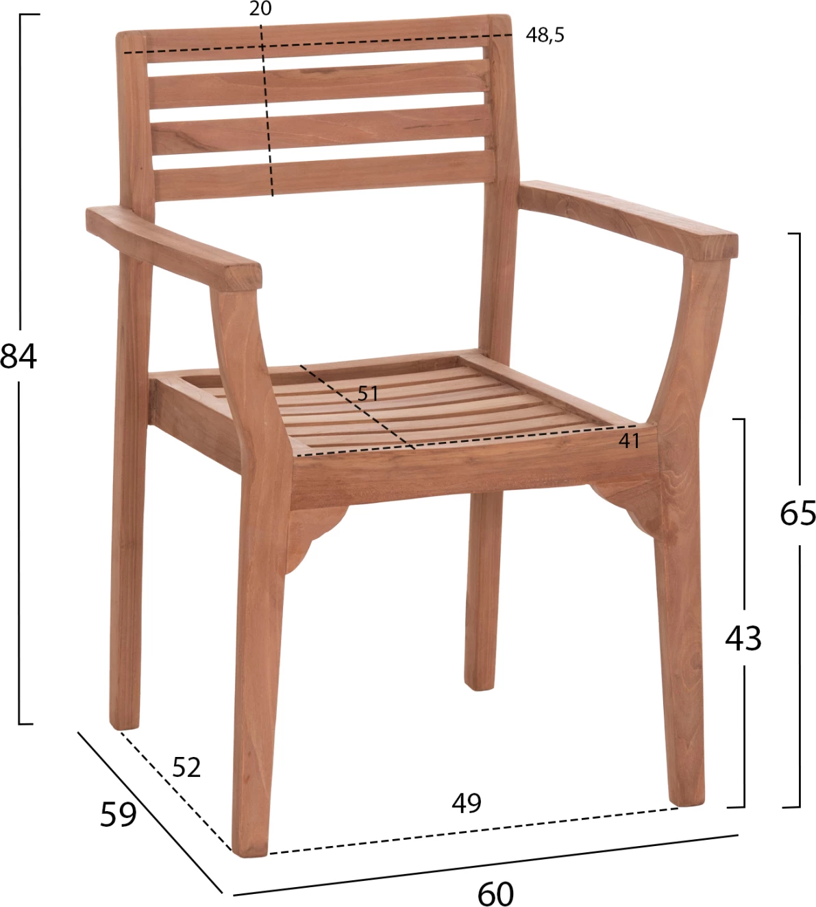 Karrige ngrënie për jashtë Ermioni, dru tik natyral, 60x59x84cm