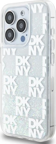 Mbështjellës DKNY Liquid Glitter Multilogo për iPhone 15 Pro, i bardhë